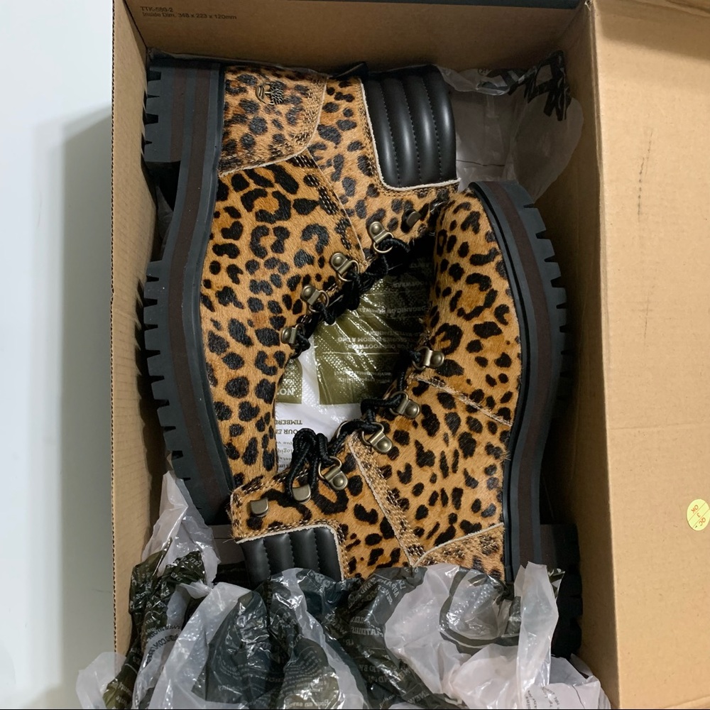 TIMBERLAND LONDON SQUARE WOMENS HIKER BOOTS SIZE 7 LEOPARD PRINT LEATHER BROWN - Picture 8 of 10